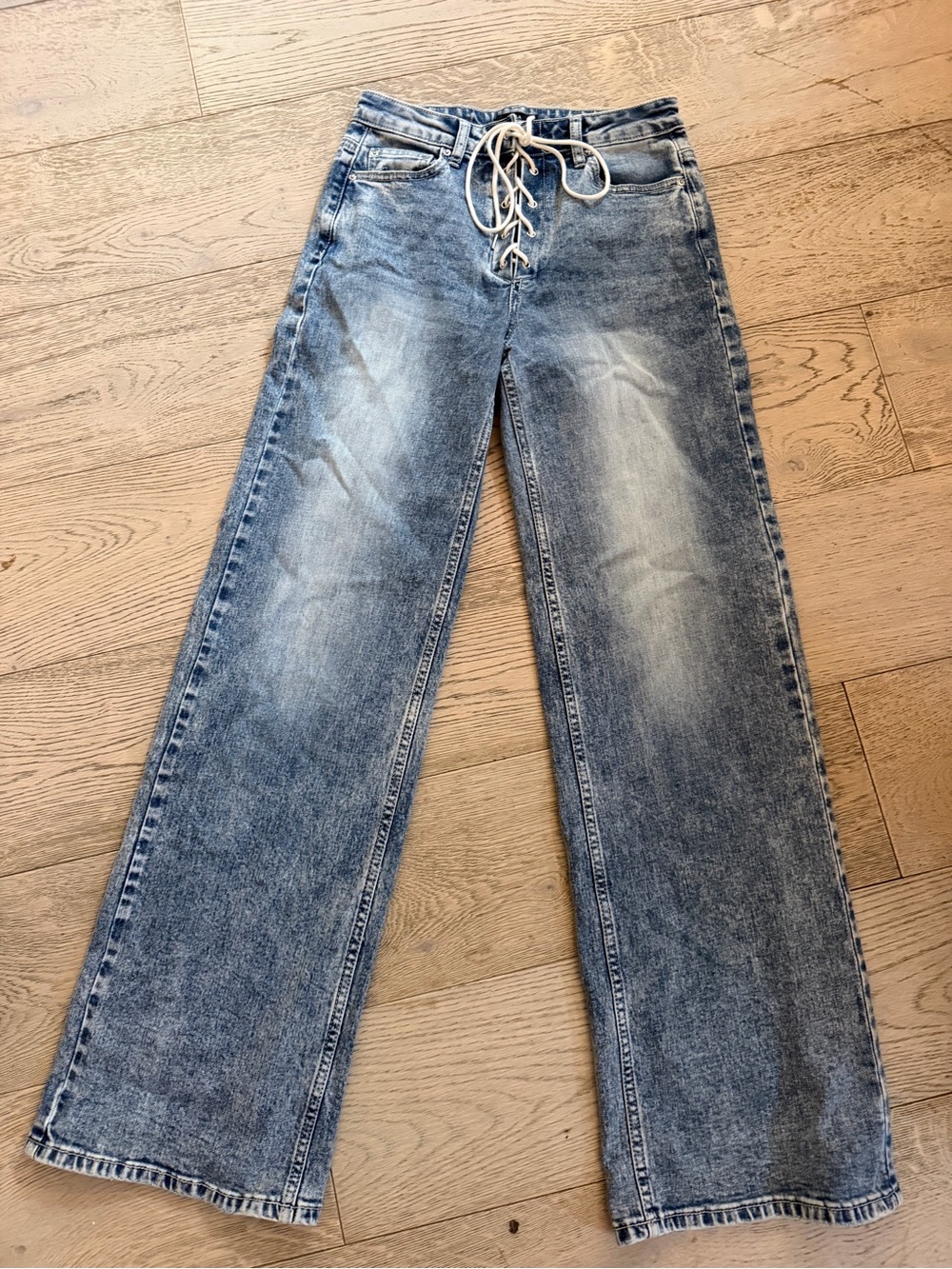 True Religion Leila High Rise Wide Leg Lace-Up Front Blue Washed Jeans